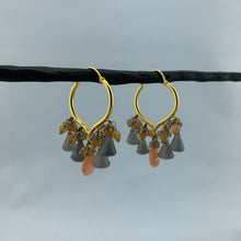 Load image into Gallery viewer, 18k Gold Arabesque Earrings with Peach & Grey Moonstones and Labradorite Accents