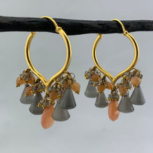 Load image into Gallery viewer, 18k Gold Arabesque Earrings with Peach & Grey Moonstones and Labradorite Accents