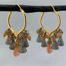 Load image into Gallery viewer, 18k Gold Arabesque Earrings with Peach & Grey Moonstones and Labradorite Accents