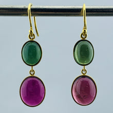 Load image into Gallery viewer, 18k Pink and Green Tourmaline Cabachon Earrings
