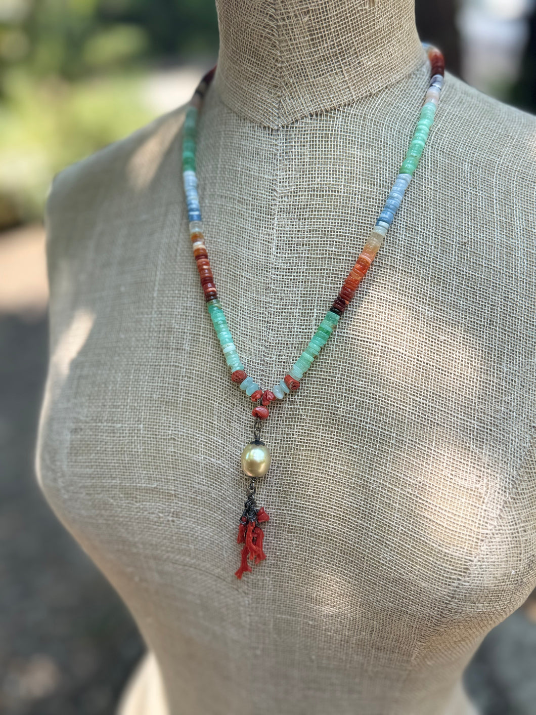 Multicolored Opal & Vintage Coral Necklace with South Sea Pearl Pendant