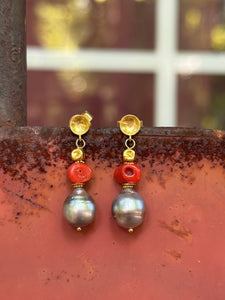 Vintage Coral & Tahitian Pearl Earrings