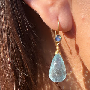 Gold and Large Aquamarine Drop Earrings