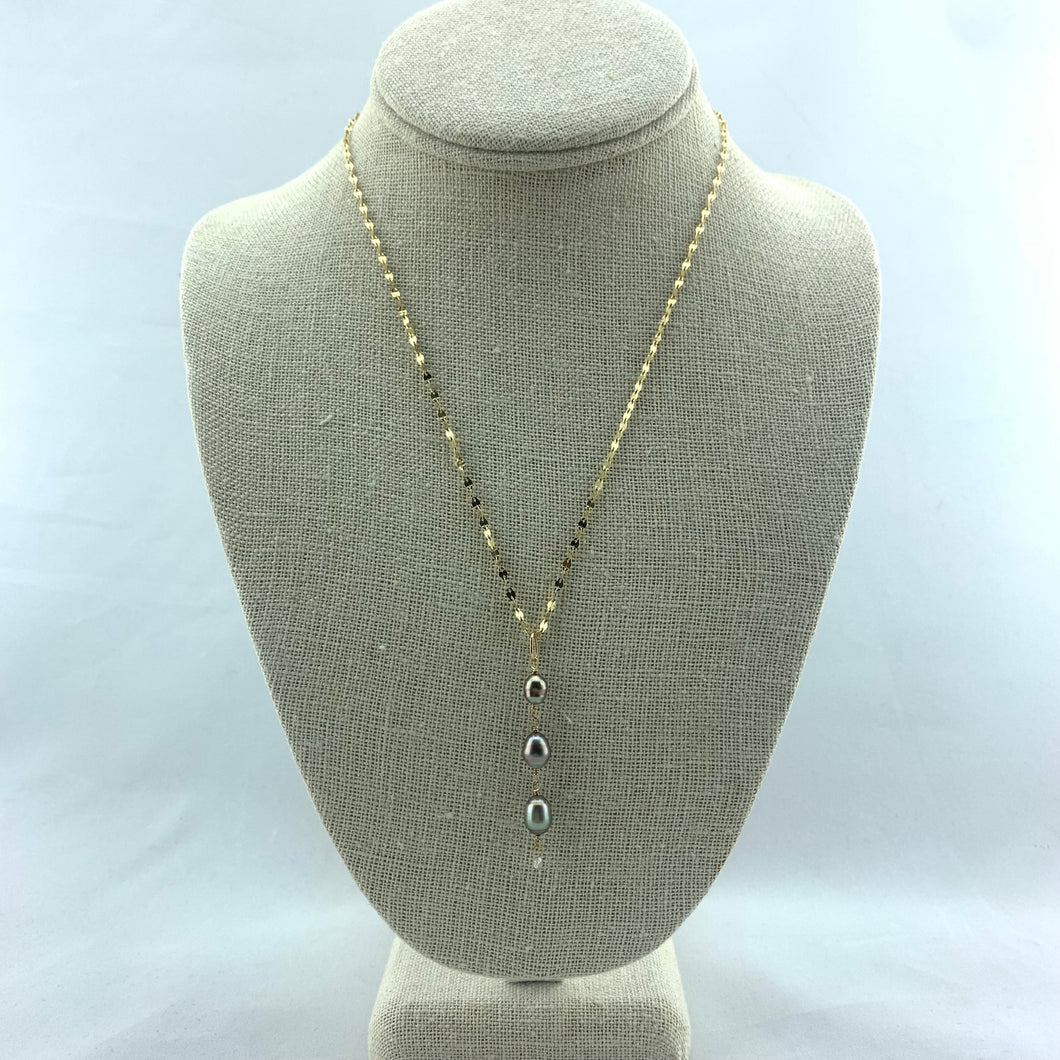 3 Pearl Drop Necklace with Diamond and 14k Yellow Gold Chain