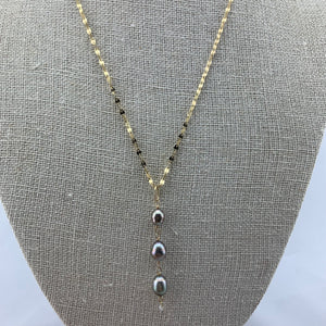3 Pearl Drop Necklace with Diamond and 14k Yellow Gold Chain