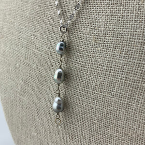 3 Pearl and Diamond Necklace on 14k White Gold Chain