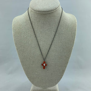 Cross Necklace with Coral and Center Pearl