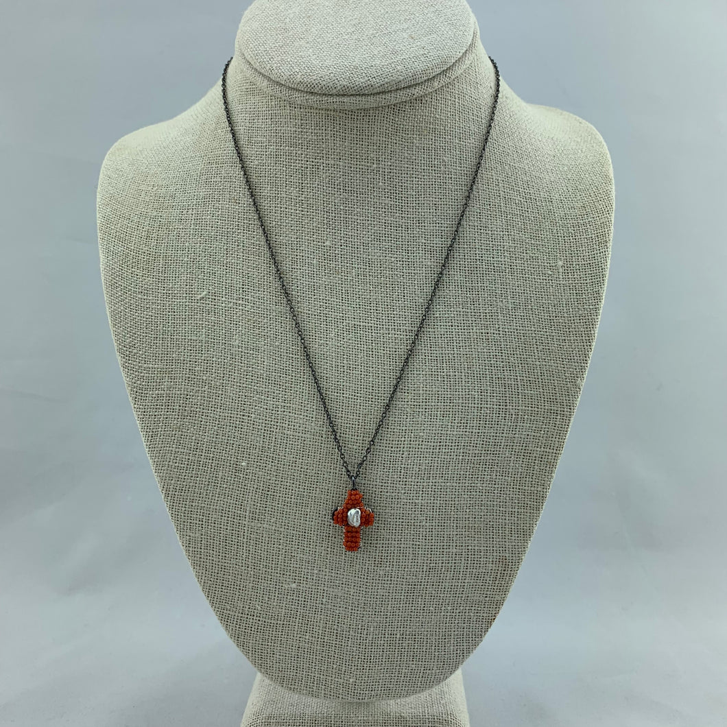 Cross Necklace with Coral and Center Pearl