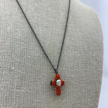 Load image into Gallery viewer, Cross Necklace with Coral and Center Pearl
