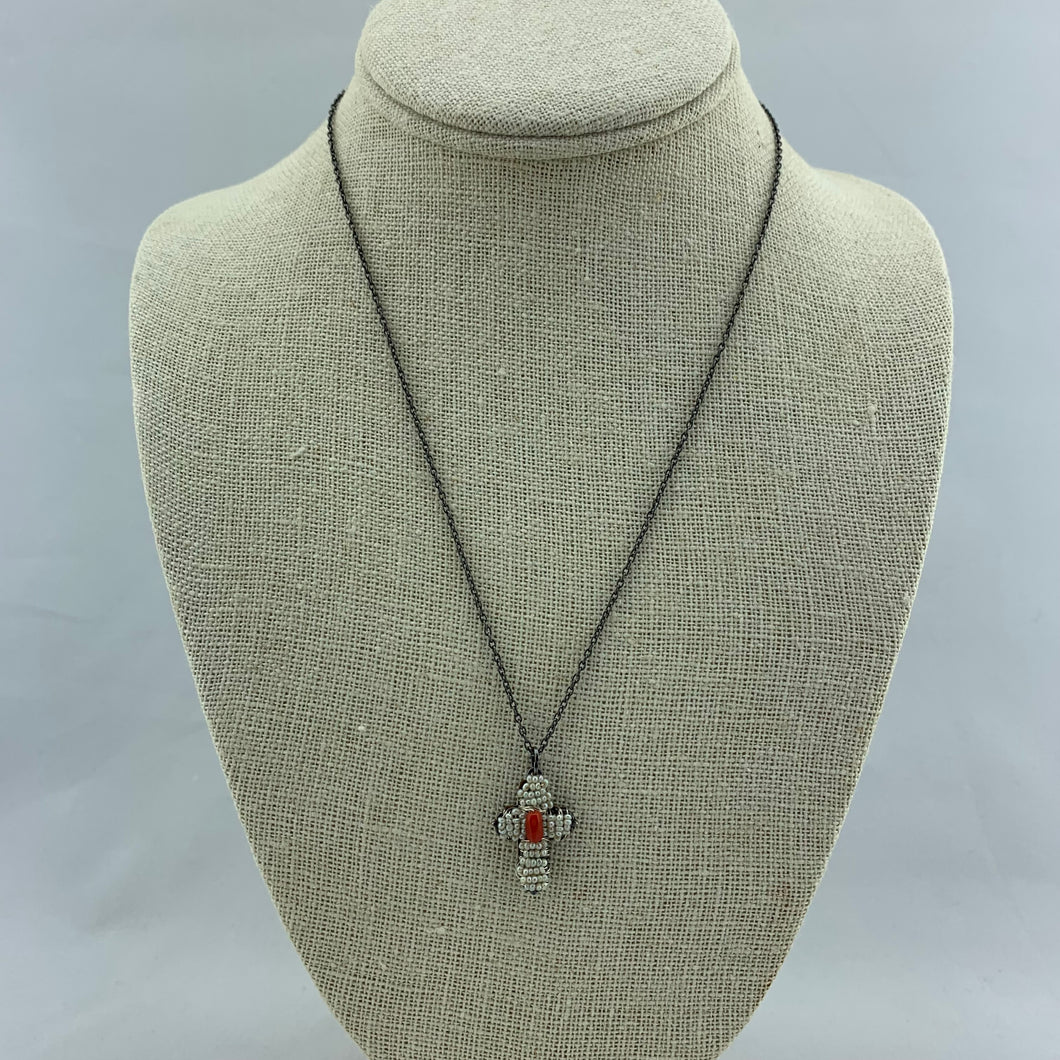 Pearl Cross Necklace with Center Coral