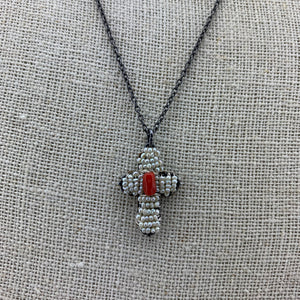 Pearl Cross Necklace with Center Coral