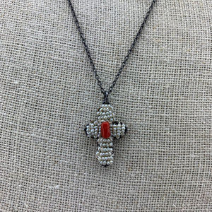 Pearl Cross Necklace with Center Coral