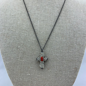 Pearl Cross Necklace with Center Coral