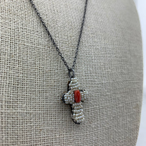 Pearl Cross Necklace with Center Coral