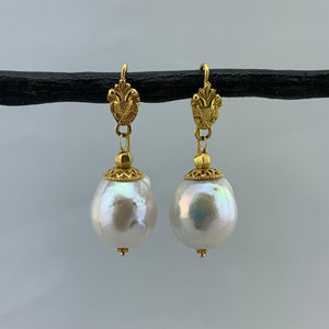 Pearl and Intricate Gold Earrings