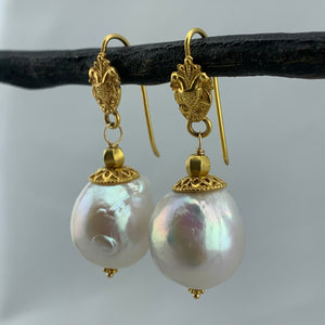 Pearl and Intricate Gold Earrings