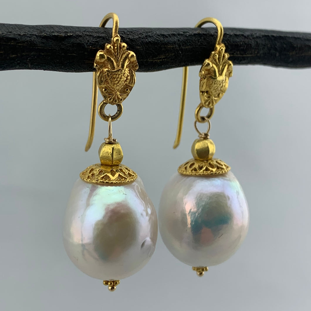 Pearl and Intricate Gold Earrings