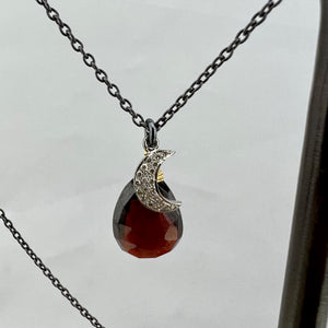 Garnet Drop and Diamond Moon Necklace
