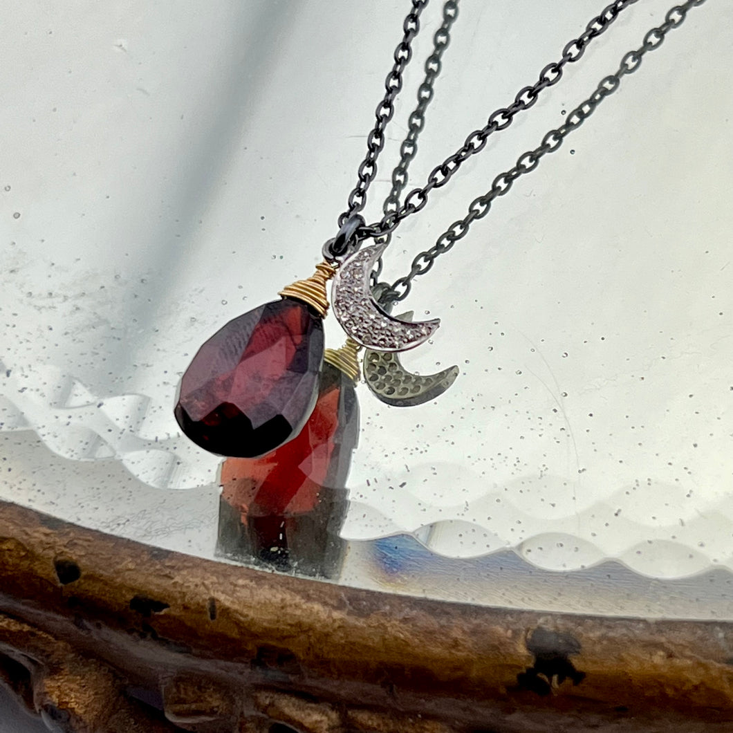 Garnet Drop and Diamond Moon Necklace