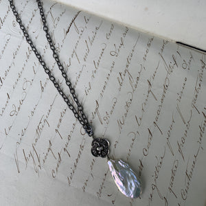 Oxidized Sterling Silver with Botanical Motif and Fresh Water Pearl Pendant Necklace