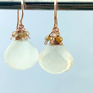 14k Light Peach Moonstone and Zircon Drop Earrings