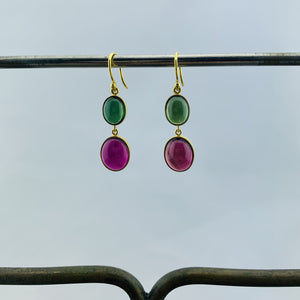 18k Pink and Green Tourmaline Cabachon Earrings