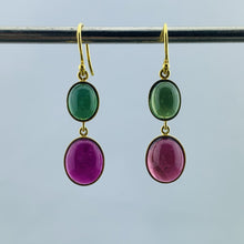 Load image into Gallery viewer, 18k Pink and Green Tourmaline Cabachon Earrings
