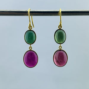 18k Pink and Green Tourmaline Cabachon Earrings