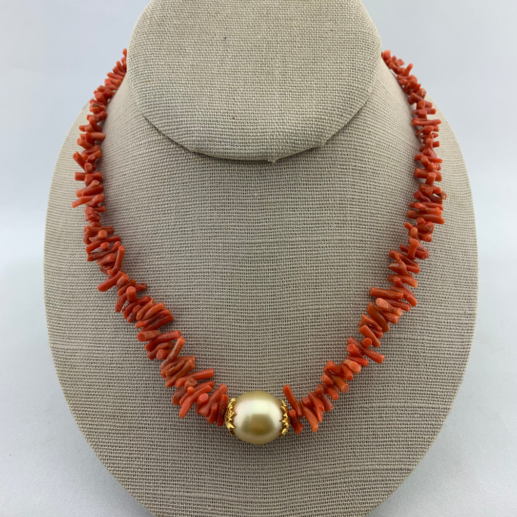 Vintage Coral and South Sea Pearl Necklace with 18k Gold