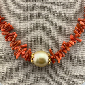 Vintage Coral and South Sea Pearl Necklace with 18k Gold