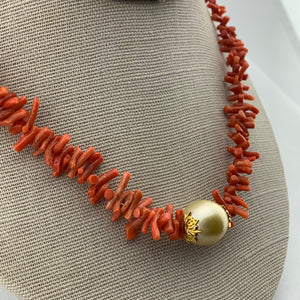 Vintage Coral and South Sea Pearl Necklace with 18k Gold