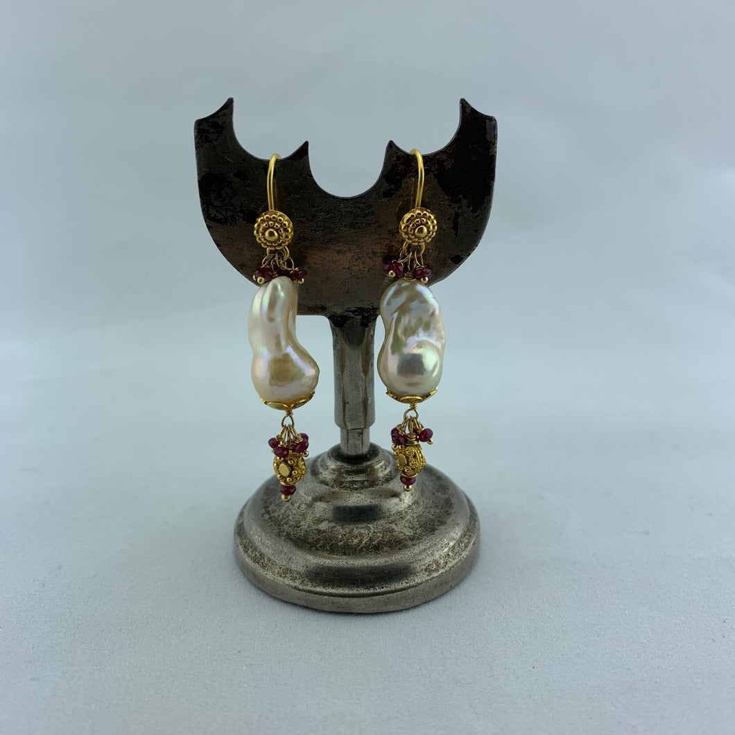 Baroque Fresh Water Pearl, Ruby and Gold Earrings