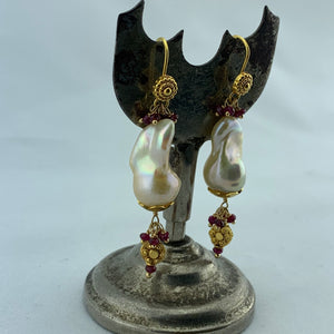 Baroque Fresh Water Pearl, Ruby and Gold Earrings