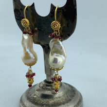 Load image into Gallery viewer, Baroque Fresh Water Pearl, Ruby and Gold Earrings

