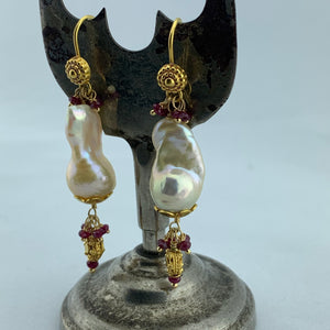 Baroque Fresh Water Pearl, Ruby and Gold Earrings