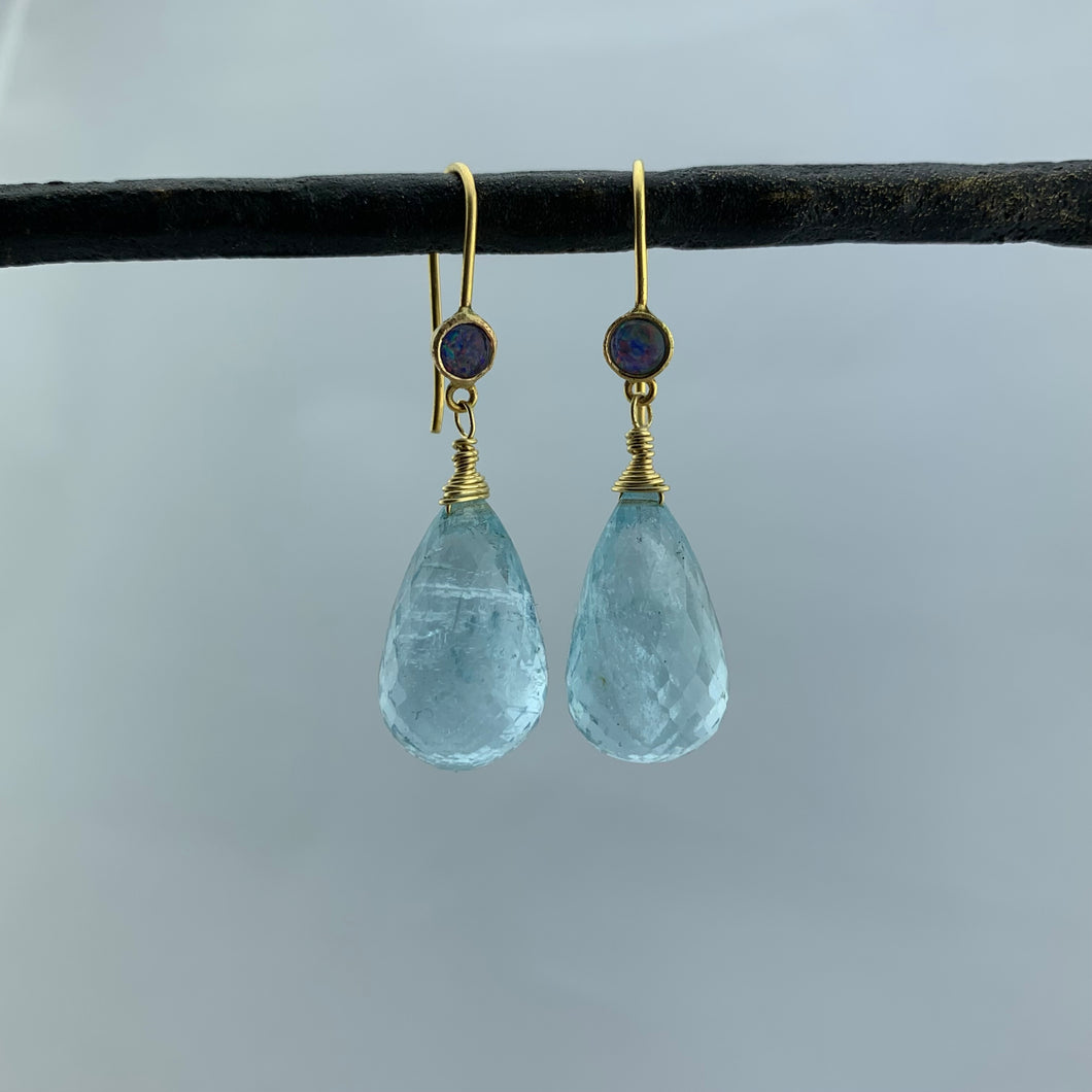Gold and Large Aquamarine Drop Earrings
