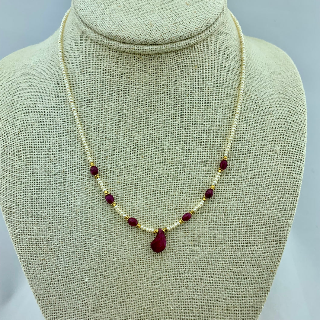 Ruby, Seed Pearl and Gold Necklace