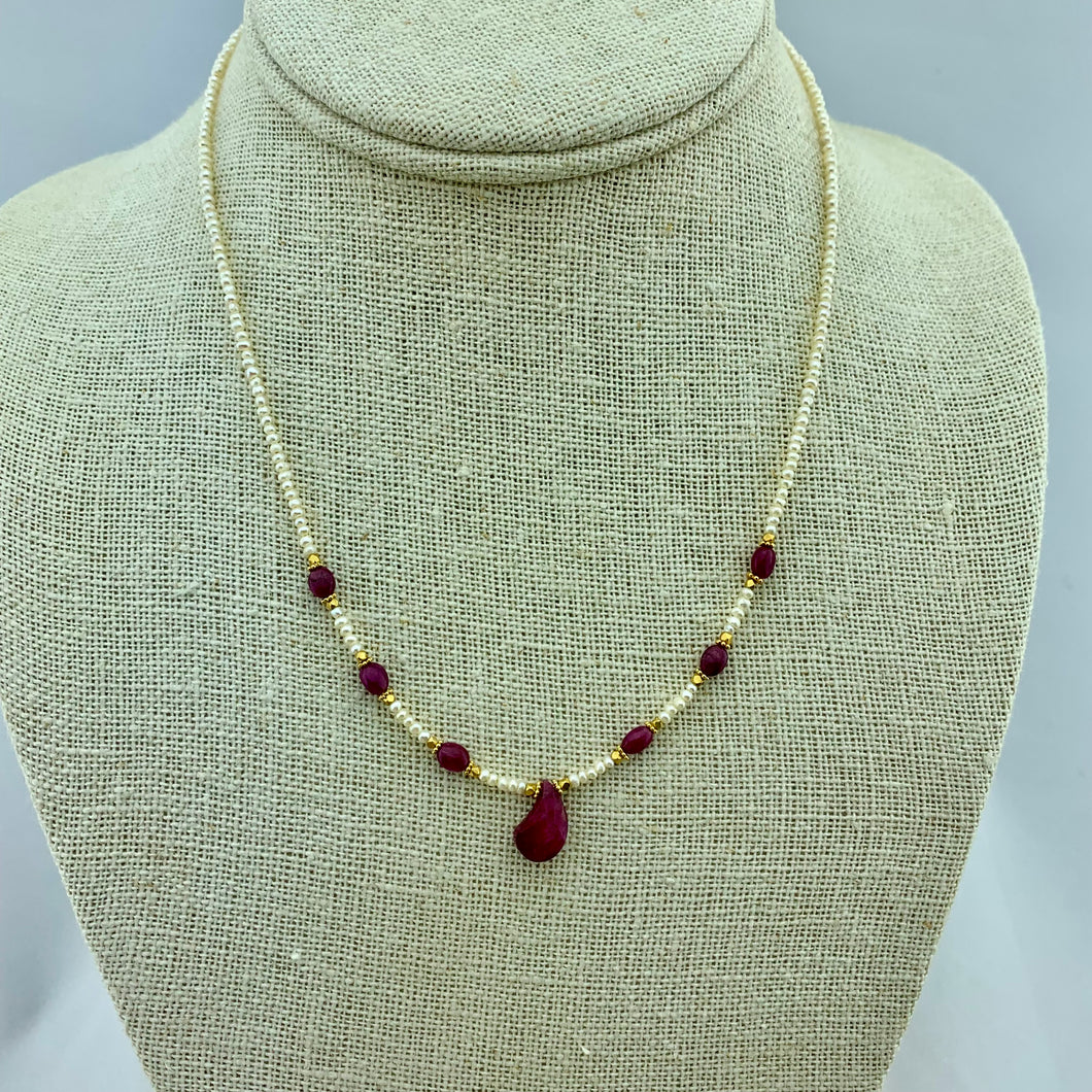 Ruby, Seed Pearl and Gold Necklace