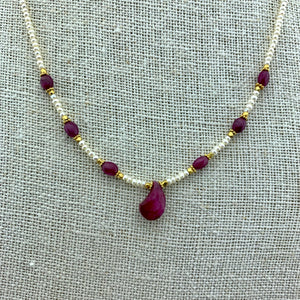 Ruby, Seed Pearl and Gold Necklace